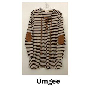 Umgee Women Beige Blue Nautical Style Lace-up Shift Dress M Medium Mini …